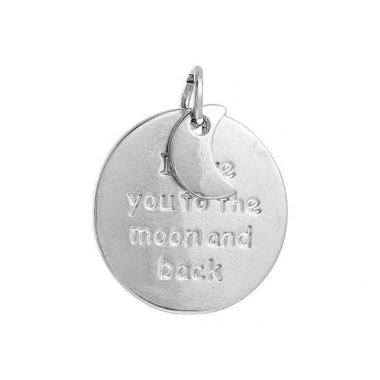 Picture of Zinc Based Alloy Charms Round & Half Moon Silver Tone Message " I love you to the moon and back " 17mm( 5/8") Dia, 10 PCs