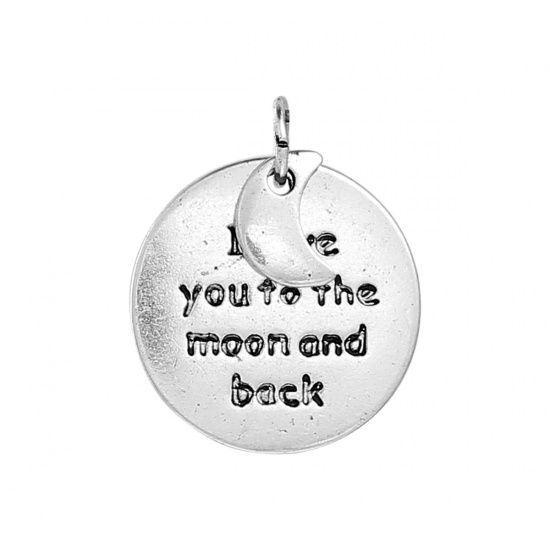Picture of Zinc Based Alloy Charms Round & Half Moon Antique Silver Message " I love you to the moon and back " 17mm( 5/8") Dia, 10 PCs