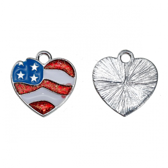 Picture of Zinc Based Alloy Charms Heart Silver Plated Flag of the United States White & Red Enamel 18mm( 6/8") x 17mm( 5/8"), 5 PCs