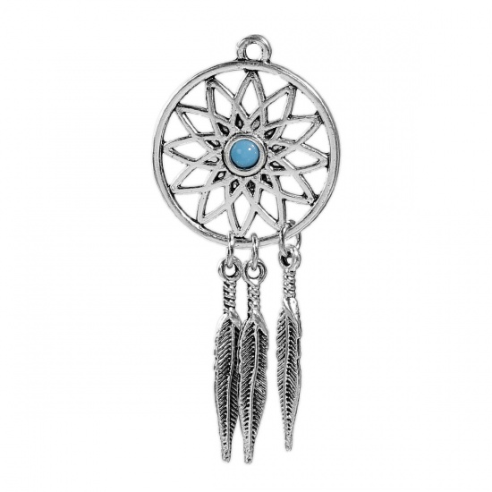 Immagine di Lega di Zinco Ciondoli Acchiappasogni Argento Antico Blu Modello Con Resina Cabochon Imitazione Turchese 59mm x 26mm , 5 Pz