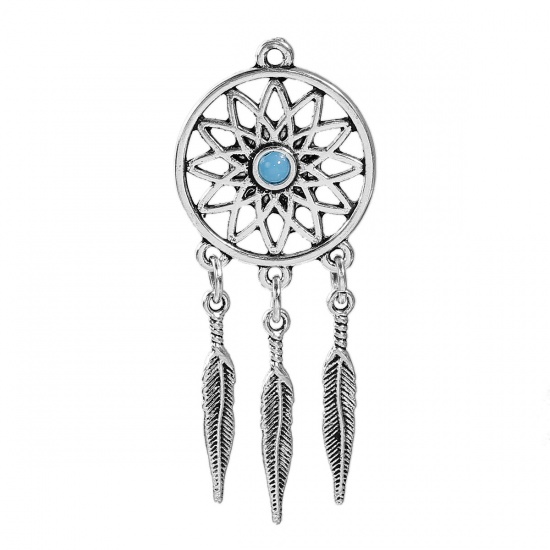 Immagine di Lega di Zinco Ciondoli Acchiappasogni Argento Antico Blu Modello Con Resina Cabochon Imitazione Turchese 64mm x 26mm , 5 Pz