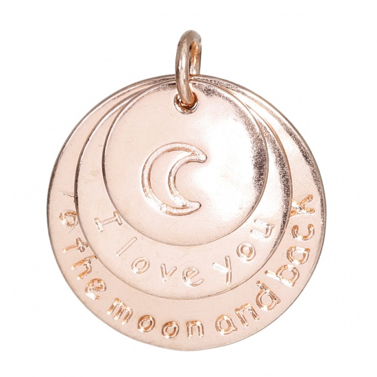 Picture of Zinc Based Alloy Charms Moon Round Rose Gold Message " I love you to the moon and back " 24mm(1") x 22mm( 7/8"), 5 PCs