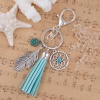 Picture of Vintage Patina Keychain & Keyring Silver Plated Dreamcatcher Feather Flower With Blue Green Velvet Faux Suede Tassel 13.8cm long, 1 Piece