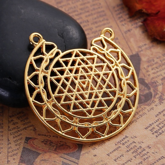 Picture of Zinc Based Alloy Sri Yantra Meditation Chandelier Connectors Findings Round Gold Plated Hollow 35mm x 35mm, 5 PCs