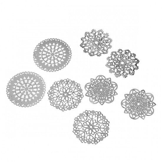 Picture of Iron Based Alloy Filigree Stamping Embellishments Findings Fixed Flower Silver Tone 55mm x55mm(2 1/8" x2 1/8") - 45mm x45mm(1 6/8" x1 6/8"), 40 PCs