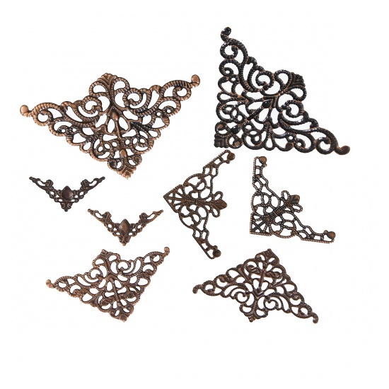 Picture of Iron Based Alloy Filigree Stamping Embellishments Findings Triangle Antique Copper Flower Vine Carved Hollow 75mm x48mm(3" x1 7/8") - 22mm x22mm( 7/8" x 7/8"), 60 PCs