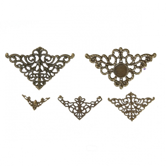 Picture of Zinc Based Alloy & Iron Based Alloy Filigree Stamping Embellishments Findings Fixed Triangle Antique Bronze Flower Vine Carved Hollow 79mm x46mm(3 1/8" x1 6/8") - 22mm x22mm( 7/8" x 7/8"), 50 PCs