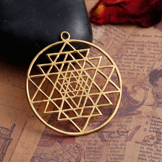 Picture of Copper Sri Yantra Meditation Pendants Round Gold Plated Hollow 39mm(1 4/8") x 35mm(1 3/8"), 1 Piece