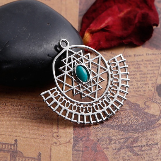 Picture of Copper Sri Yantra Meditation Pendants Silver Tone With Resin Cabochons Imitation Turquoise 35mm(1 3/8") x 31mm(1 2/8"), 1 Piece