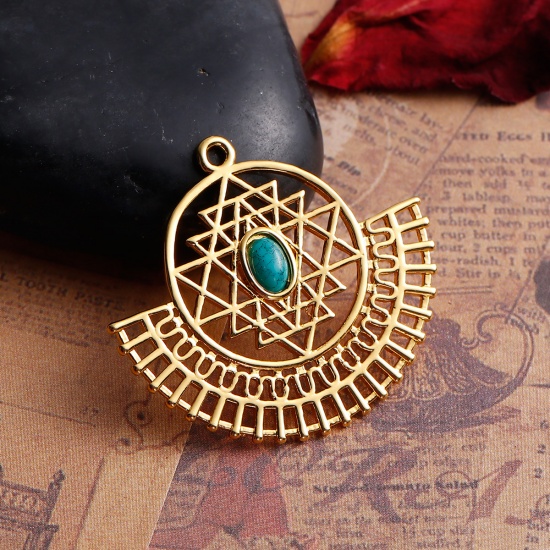 Picture of Copper Sri Yantra Meditation Pendants Fan-shaped Gold Plated With Resin Cabochons Imitation Turquoise 35mm(1 3/8") x 31mm(1 2/8"), 1 Piece
