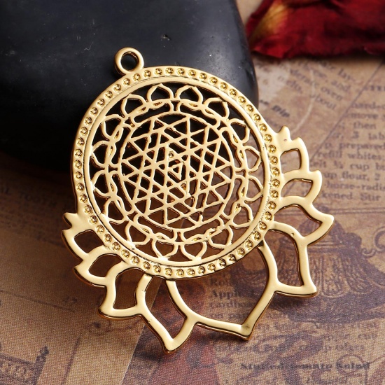 Picture of Copper Sri Yantra Meditation Pendants Gold Plated Hollow 40mm(1 5/8") x 35mm(1 3/8"), 1 Piece
