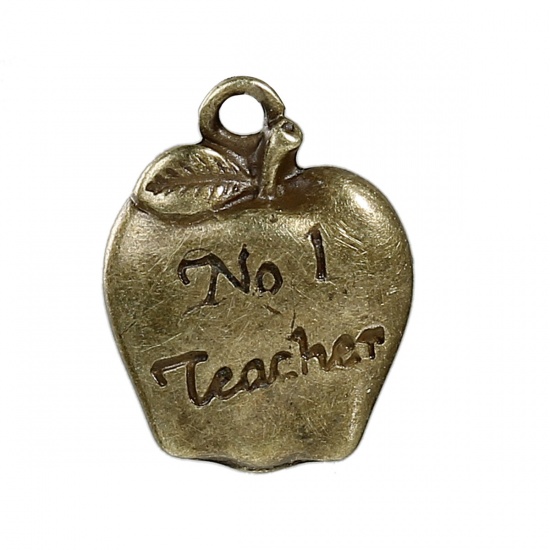 Picture of Zinc Based Alloy Charms Apple Fruit Antique Bronze Message " NO.1 Teacher " 17mm( 5/8") x 14mm( 4/8"), 20 PCs