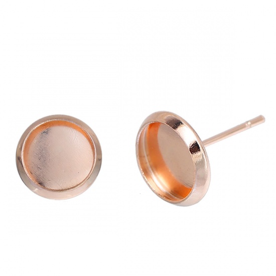Picture of Copper Ear Post Stud Earrings Cabochon Settings Round Rose Gold W/ Stoppers (Fit 8mm Dia.) 14mm( 4/8") x 10mm( 3/8"), Post/ Wire Size: (21 gauge), 20 PCs