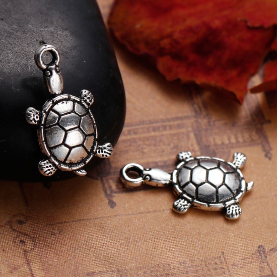 Bild von Ozean Schmuck Zinklegierung Böhmischer Stil 3D Charms Schildkroete Antiksilber 19mm x 12mm 50 Stück
