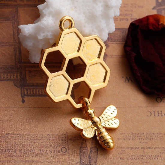 Picture of Zinc Based Alloy 3D Pendants Honeycomb Gold Plated Bee Carved Hollow 46mm(1 6/8") x 24mm(1"), 5 PCs