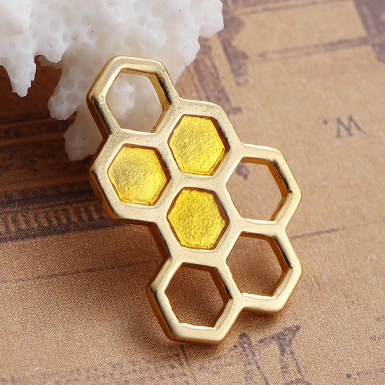 Picture of Zinc Based Alloy Connectors Findings Honeycomb Gold Plated Hollow Yellow Enamel 24mm x 17mm, 10 PCs