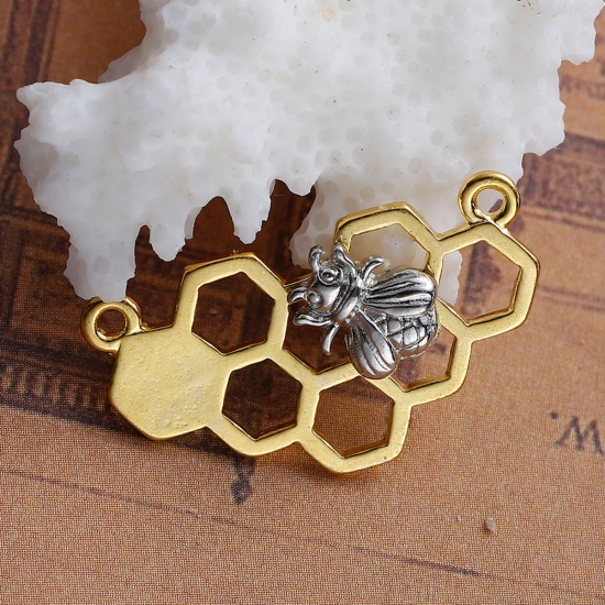 Picture of Zinc Based Alloy Connectors Findings Honeycomb Gold Plated & Silver Tone Bee Carved Hollow 25mm x 14mm, 10 PCs