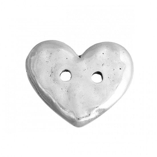 Picture of Zinc Based Alloy Hammered Metal Sewing Buttons Heart Antique Silver 2 Holes 19mm( 6/8") x 16mm( 5/8"), 20 PCs