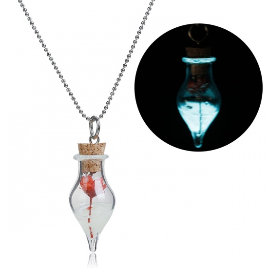 Immagine di Vetro Baglie nel buio Collana Goccia Fiore Tono Argento Rosso Trasparente 42.5cm, 1 Pz