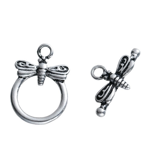Picture of Copper Toggle Clasps Round Antique Silver Dragonfly Carved 19mm x13mm( 6/8" x 4/8") 18mm x10mm( 6/8" x 3/8"), 2 Sets