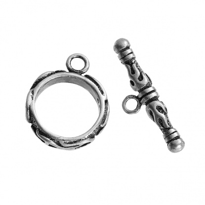Picture of Copper Toggle Clasps Round Antique Silver Flame Fire Carved 17mm x14mm( 5/8" x 4/8") 22mm x7mm( 7/8" x 2/8"), 2 Sets