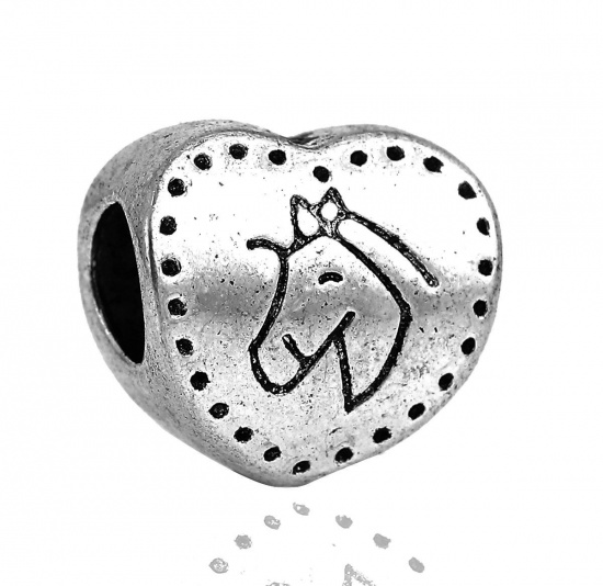Bild von Zinklegierung European Stil Großlochperlen Herz Antiksilber Pferd Geschnitzt etwa 12mm x 12mm, Loch:Ca 5mm, 20 Stücke