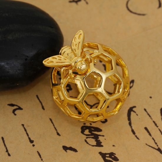 Picture of Copper 3D Charms Honeycomb Gold Plated Bee Hollow 29mm(1 1/8") x 24mm(1"), 1 Piece