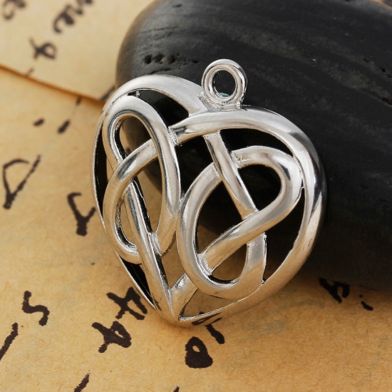 Picture of Copper Charms Heart Silver Tone Celtic Knot Hollow 27mm(1 1/8") x 25mm(1"), 3 PCs