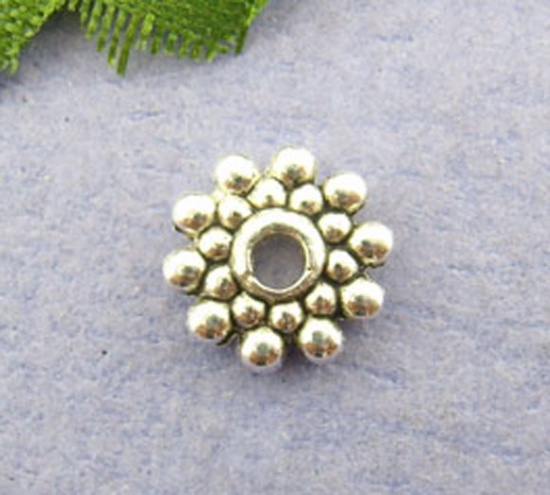 Bild von Zinklegierung Spacer Perlen Zwischenperlen Antiksilber Schneeflocke Blumen ca. 8mm D., Loch:ca. 2mm, 100 Stück