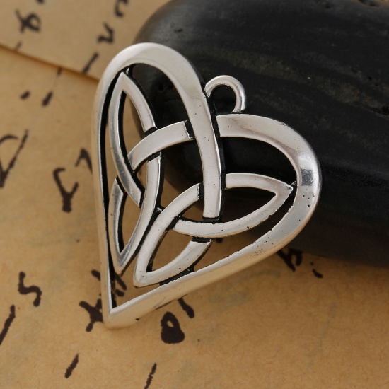 Picture of Copper Pendants Heart Antique Silver Celtic Knot Hollow 31mm(1 2/8") x 29mm(1 1/8"), 2 PCs