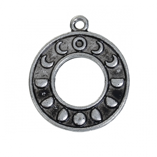 Picture of Zinc Based Alloy Boho Chic Charms Round Antique Silver Color Black Moon Hollow 24mm(1") x 20mm( 6/8"), 20 PCs