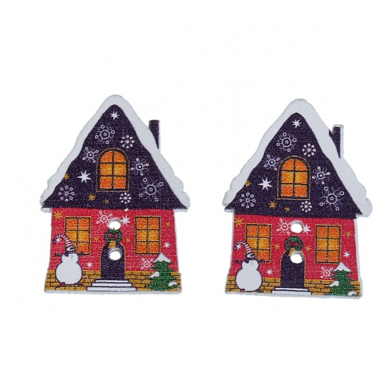 Immagine di Legno Bottone da Cucire Scrapbook Due Fori Natale Casa di Villaggio Multicolore Fantoccio di Neve Disegno 32mm x 24mm, 30 Pz