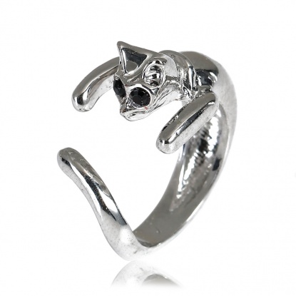 Bild von 3D Offen Ring Silberfarbe Schwarz Strass Katze 18.1mm（US Größe:7.75) 1 Stück
