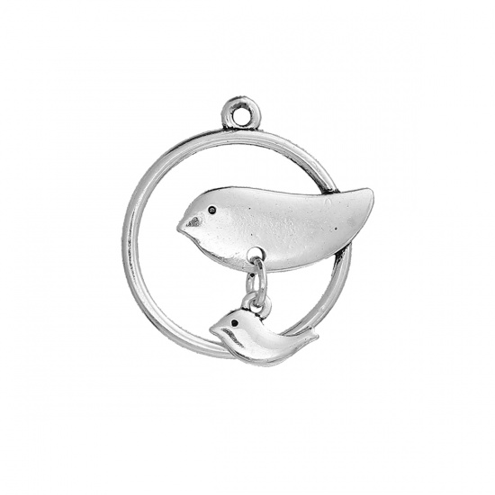 Picture of Zinc Based Alloy Charms Round Mother Bird Antique Silver 26mm(1") x 25mm(1"), 10 PCs