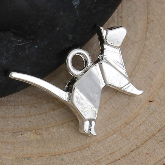 Picture of Zinc Based Alloy Origami Charms Dog Animal Silver Plated 15mm( 5/8") x 13mm( 4/8"), 10 PCs