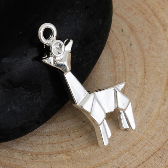 Picture of Zinc Based Alloy Origami Charms Giraffe Animal Silver Plated (Can Hold ss6 Pointed Back Rhinestone) 23mm( 7/8") x 10mm( 3/8"), 5 PCs