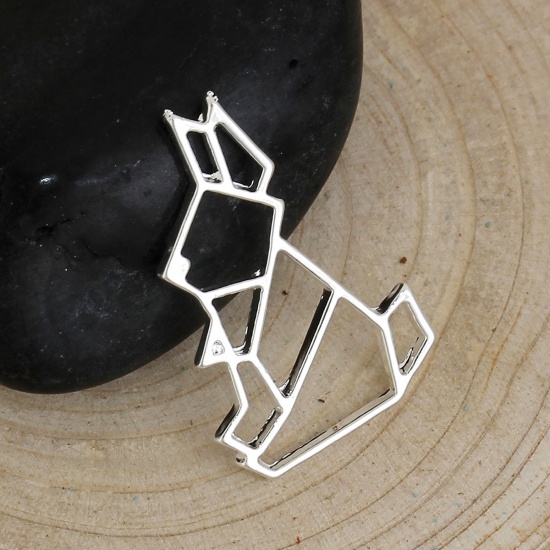 Picture of Zinc Based Alloy Easter Origami Charms Rabbit Animal Silver Plated Hollow 24mm(1") x 16mm( 5/8"), 5 PCs