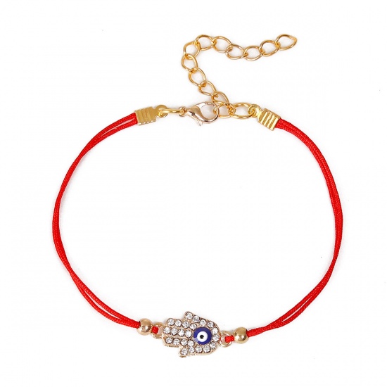 Picture of Polyester Kabbalah Red String Braided Friendship Bracelets Gold Plated Blue Hamsa Symbol Hand Evil Eye Clear Rhinestone 19.5cm(7 5/8") long, 1 Piece