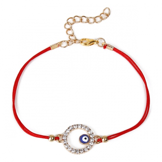 Picture of Polyester Kabbalah Red String Braided Friendship Bracelets Gold Plated Blue Round Evil Eye Hollow Clear Rhinestone 19.7cm(7 6/8") long, 1 Piece