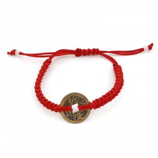 Picture of Polyester Kabbalah Red String Braided Friendship Bracelets Antique Bronze Copper At Random Cash Coin 30cm(11 6/8") long, 1 Piece