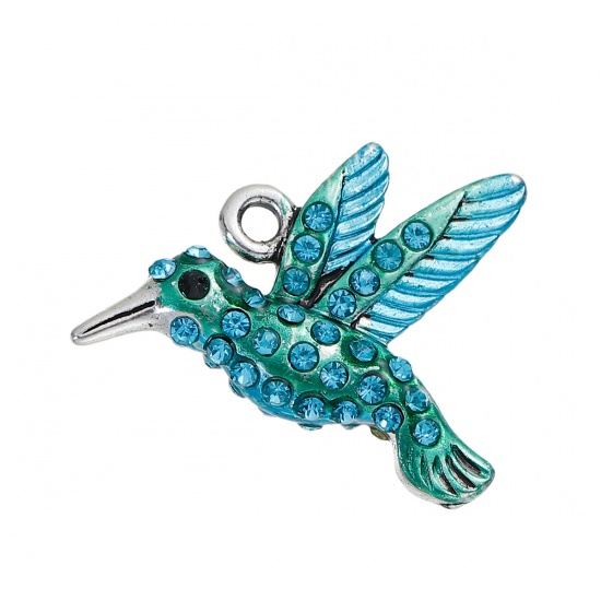 Picture of Zinc Based Alloy Charms Hummingbird Antique Silver Green Blue Rhinestone Enamel 27mm(1 1/8") x 21mm( 7/8"), 1 Piece