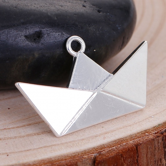 Picture of Zinc Based Alloy Origami Pendants Boat Silver Plated 31mm(1 2/8") x 18mm( 6/8"), 5 PCs