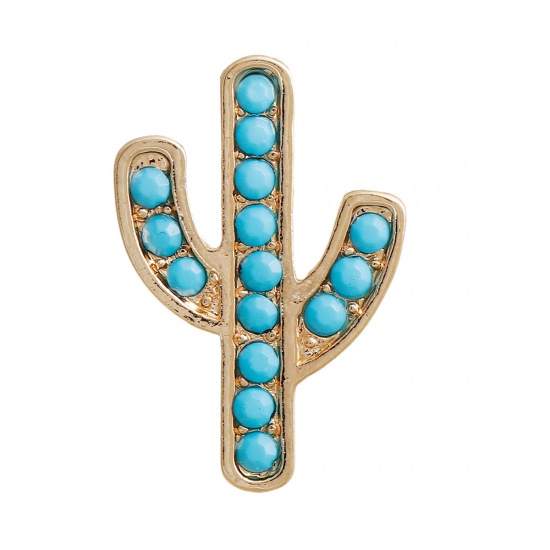 Picture of Zinc Based Alloy Charms Cactus Gold Plated Blue Rhinestone 27mm(1 1/8") x 18mm( 6/8"), 3 PCs