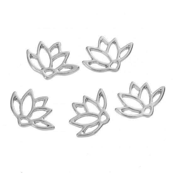Picture of Zinc Based Alloy Connectors Findings Lotus Flower Silver Tone Hollow 14mm x 10mm, 10 PCs