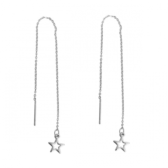 Picture of 304 Stainless Steel Ear Thread Threader Earring Silver Tone Pentagram Star 14cm(5 4/8")-12.5cm(4 7/8") long, Post/ Wire Size: (21 gauge), 1 Pair
