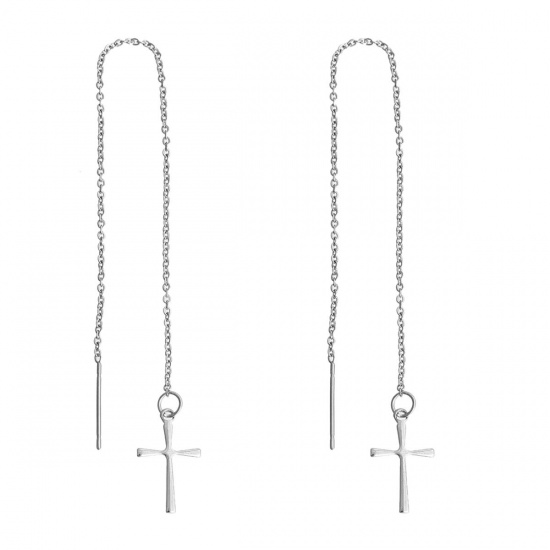 Picture of 304 Stainless Steel Ear Thread Threader Earring Silver Tone Cross 14.8cm(5 7/8") long, Post/ Wire Size: (21 gauge), 1 Pair