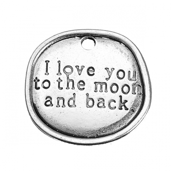 Picture of Zinc Based Alloy Charms Irregular Antique Silver Message " I Love You To The Moon And Back " Carved 20mm( 6/8") x 18mm( 6/8"), 10 PCs