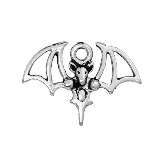 Picture of Zinc Based Alloy Halloween Charms Bat Animal Antique Silver 21mm( 7/8") x 15mm( 5/8"), 20 PCs