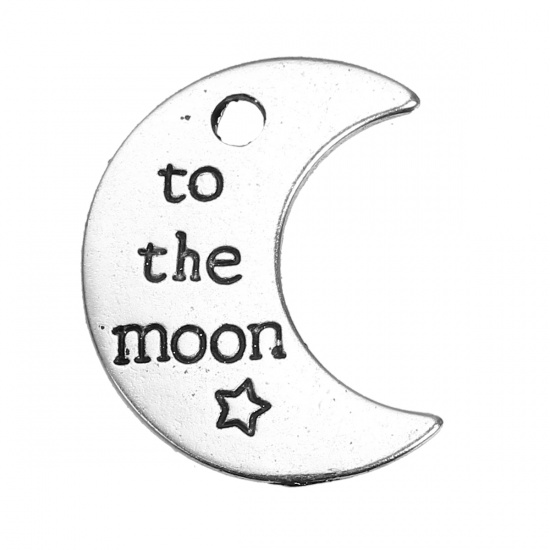 Picture of Zinc Based Alloy Charms Half Moon Antique Silver Star Message " To The Moon " Carved 25mm(1") x 20mm( 6/8"), 10 PCs
