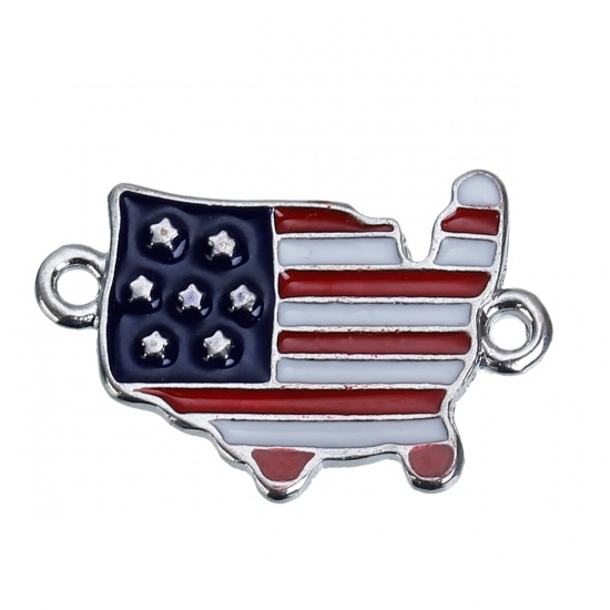 Picture of Zinc Based Alloy Travel Silhouette Map Connectors Findings USA/ America Silver Tone Red & Blue National flag Carved Enamel 24mm x 16mm, 3 PCs